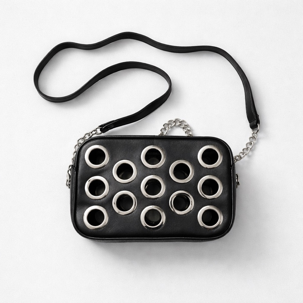 Black Eyelet Crossbody Bag with Chain Strap